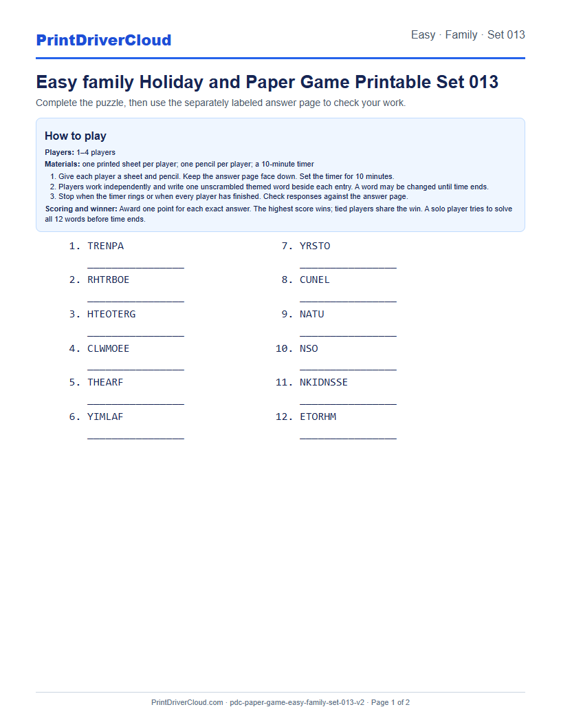 Easy Family Word Scramble Game Printable Set 013 preview