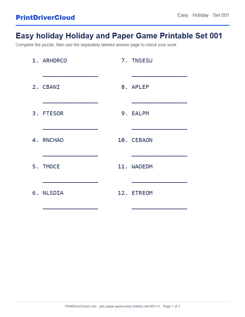 Preview of Easy holiday Holiday and Paper Game Printable Set 001