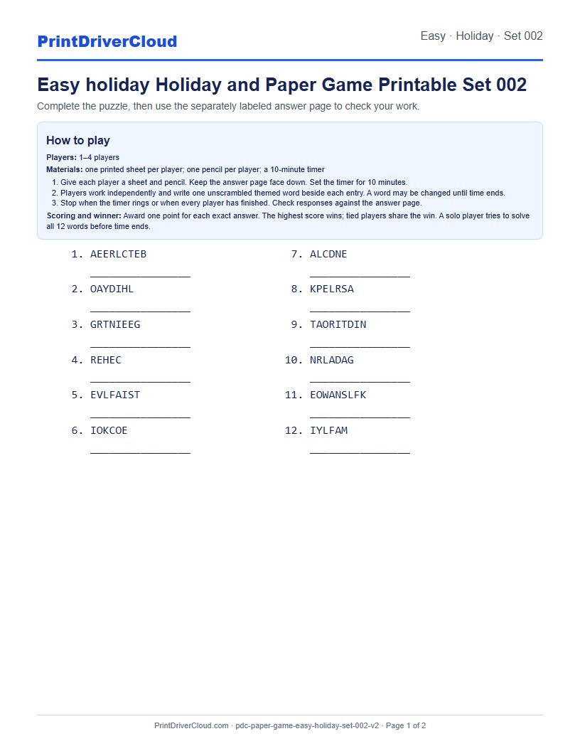 Easy Holiday Word Scramble Game Printable Set 002 preview