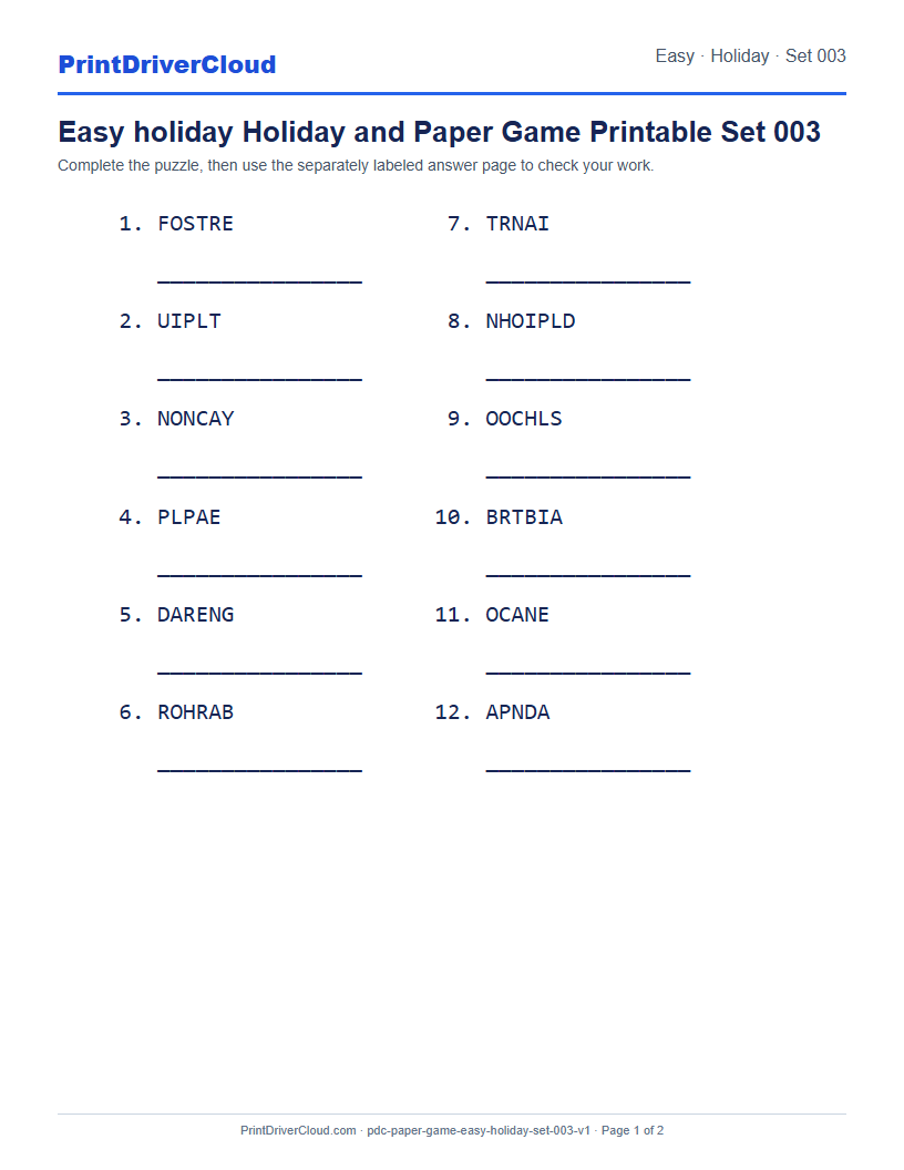 Preview of Easy holiday Holiday and Paper Game Printable Set 003