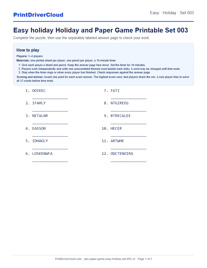 Easy Holiday Word Scramble Game Printable Set 003 preview