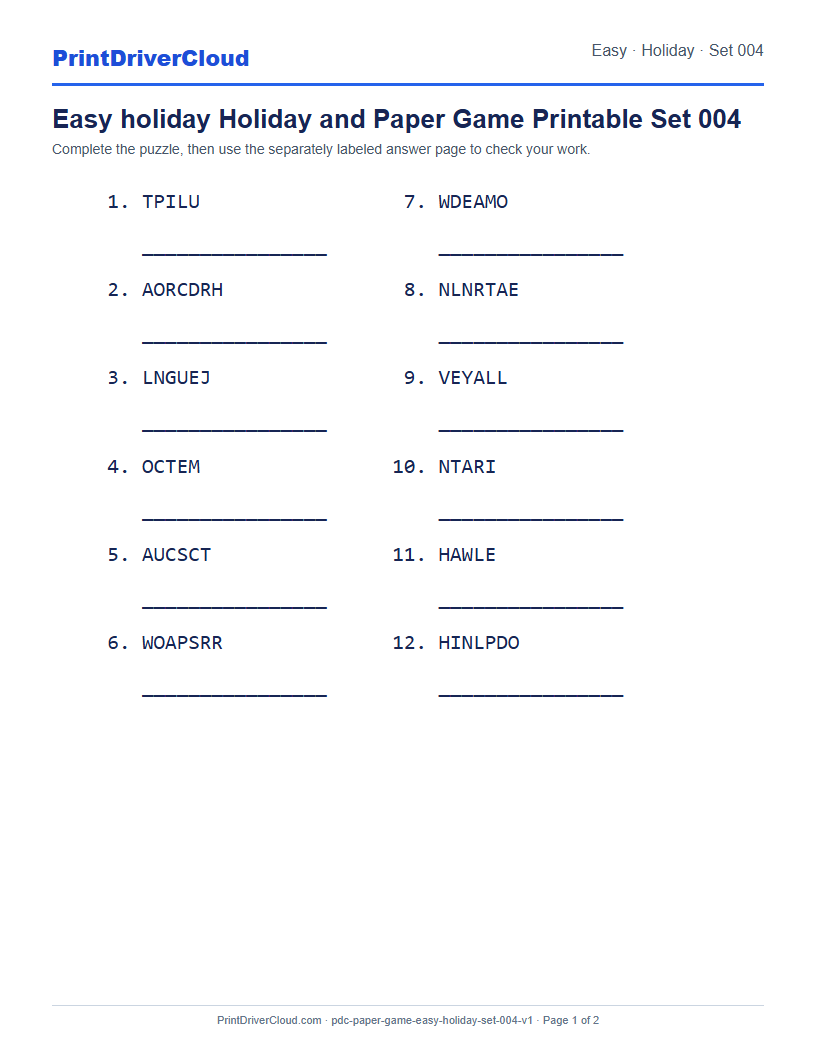 Preview of Easy holiday Holiday and Paper Game Printable Set 004
