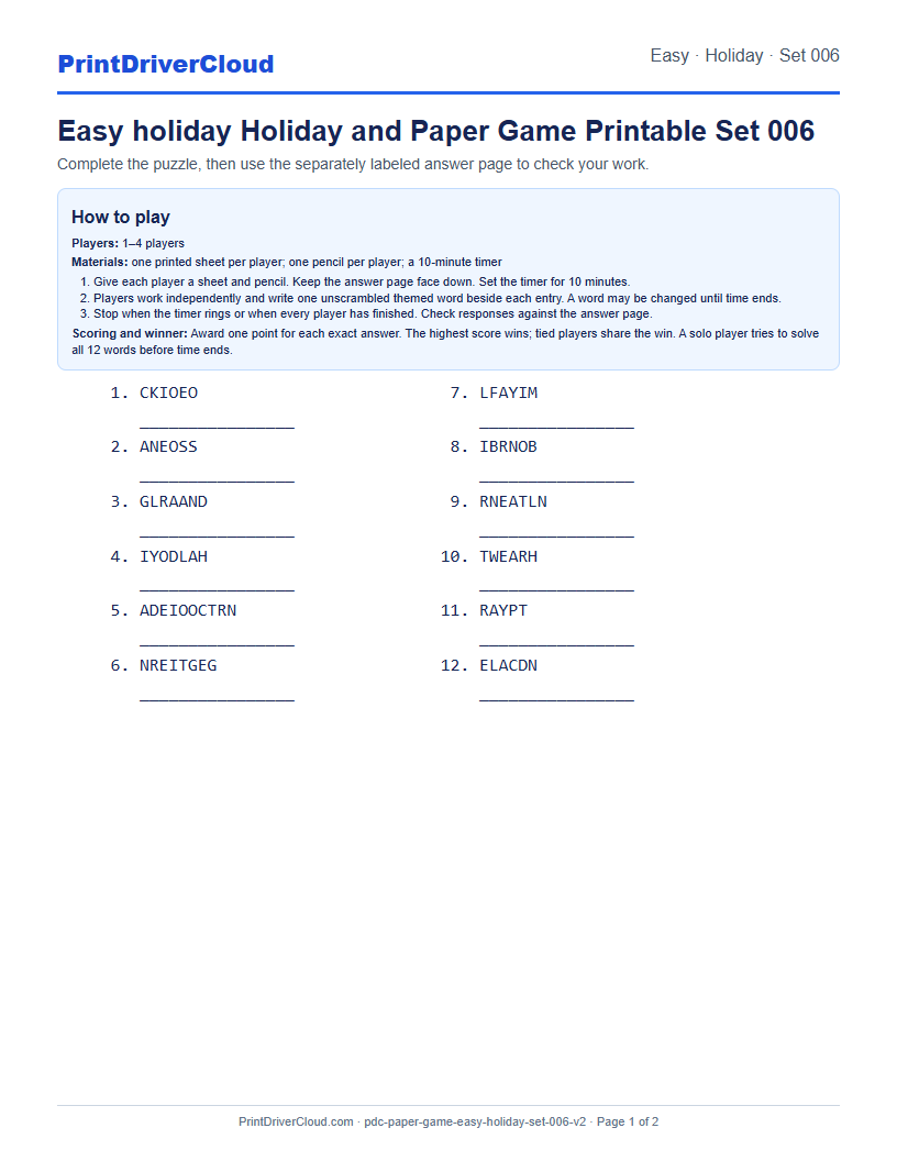 Easy Holiday Word Scramble Game Printable Set 006 preview