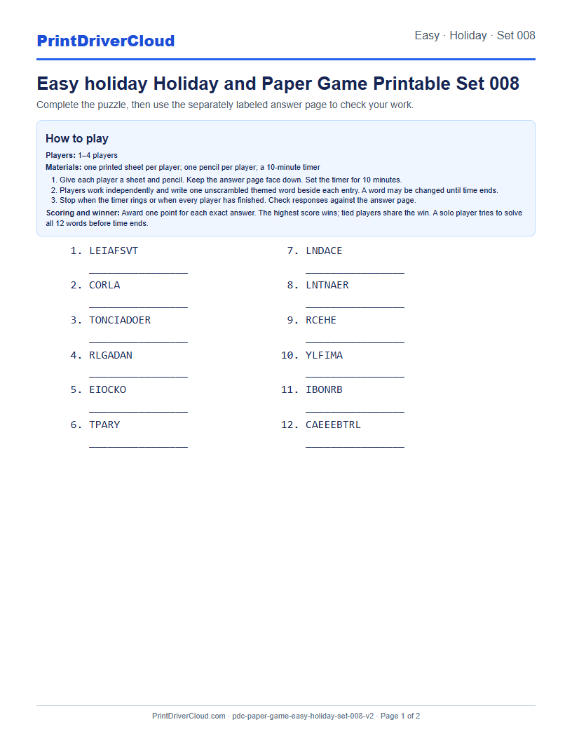 Easy Holiday Word Scramble Game Printable Set 008 preview