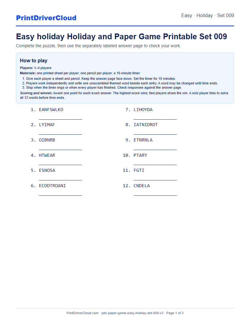 Easy Holiday Word Scramble Game Printable Set 009 preview