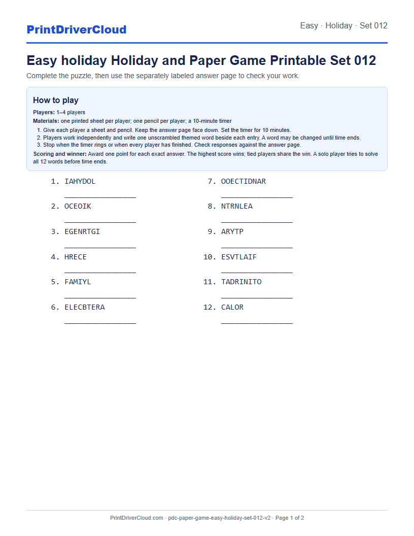 Easy Holiday Word Scramble Game Printable Set 012 preview
