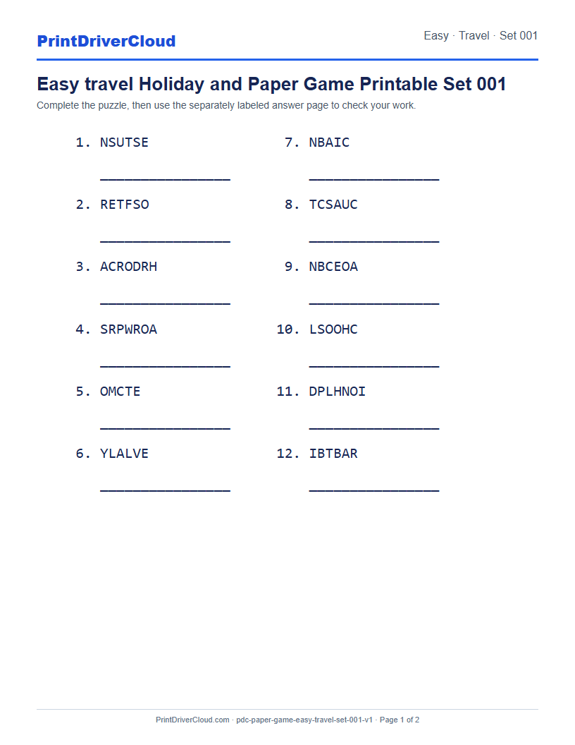 Preview of Easy travel Holiday and Paper Game Printable Set 001
