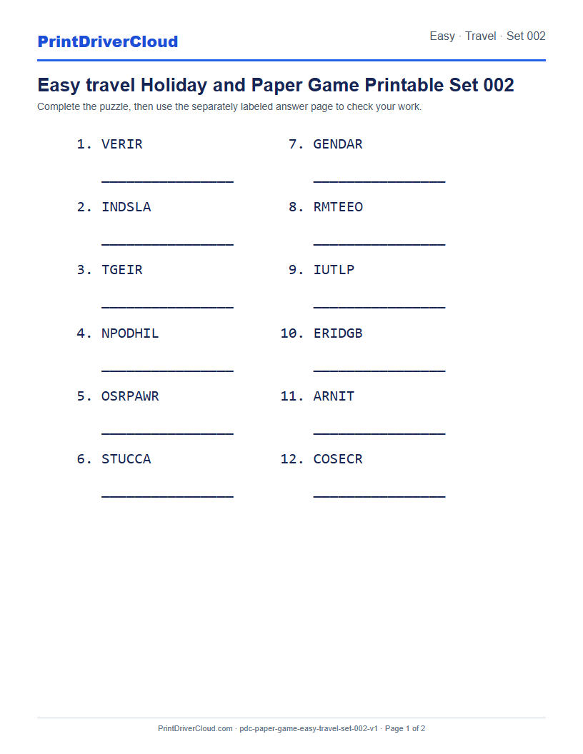Preview of Easy travel Holiday and Paper Game Printable Set 002