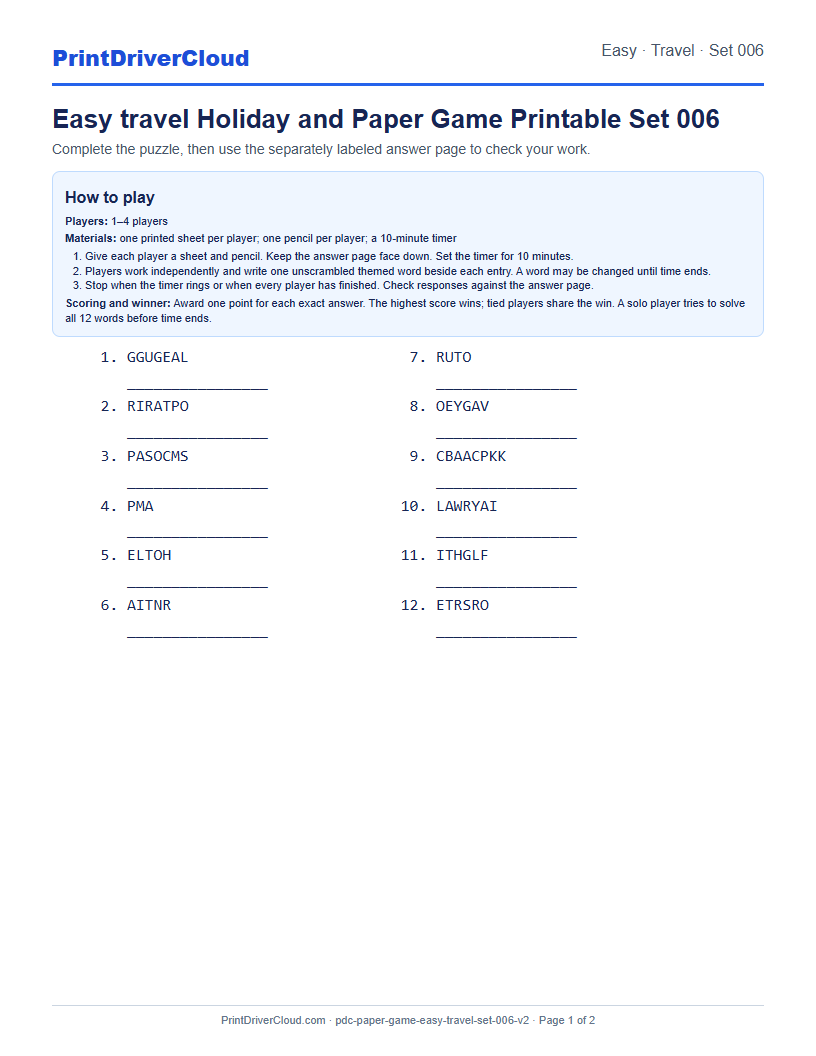 Easy Travel Word Scramble Game Printable Set 006 preview