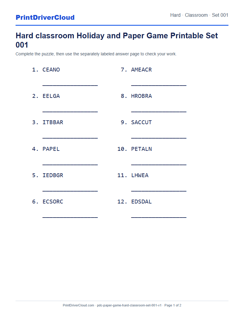 Preview of Hard classroom Holiday and Paper Game Printable Set 001