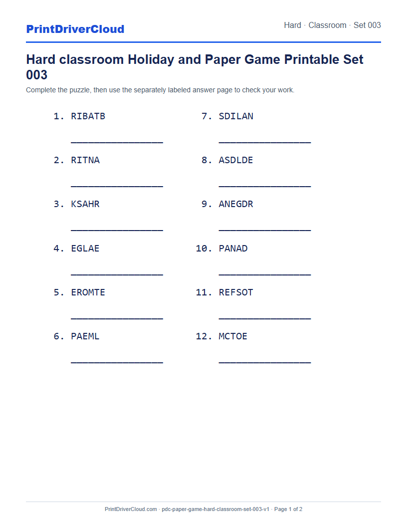 Preview of Hard classroom Holiday and Paper Game Printable Set 003