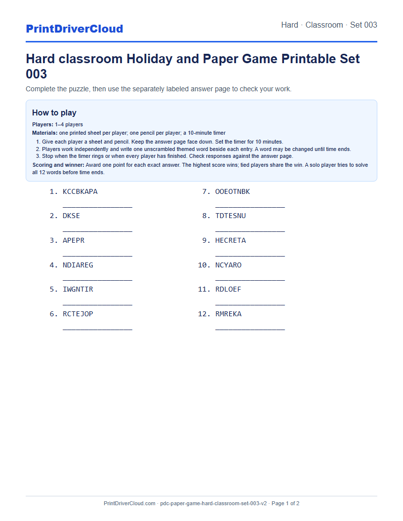 Hard Classroom Word Scramble Game Printable Set 003 preview