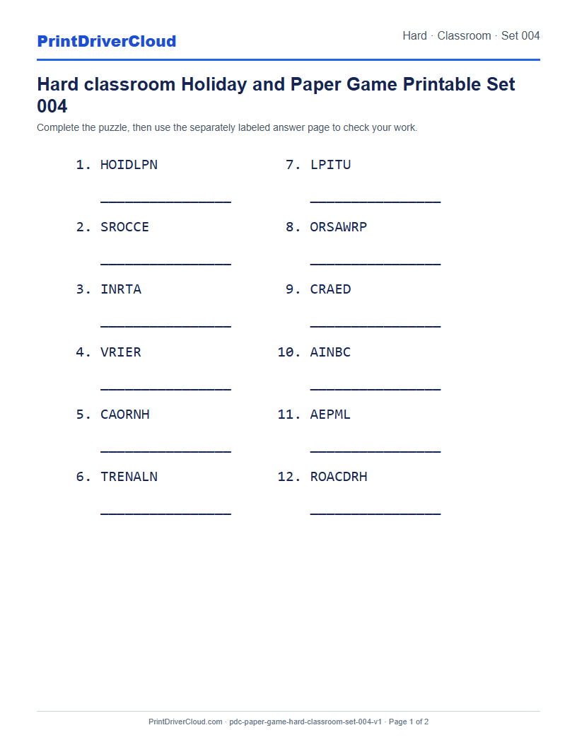 Preview of Hard classroom Holiday and Paper Game Printable Set 004