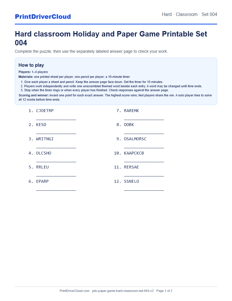 Hard Classroom Word Scramble Game Printable Set 004 preview