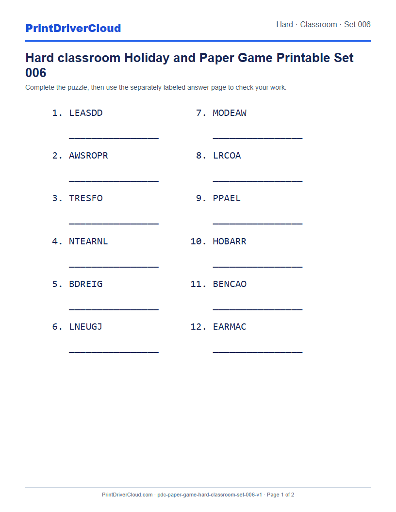 Preview of Hard classroom Holiday and Paper Game Printable Set 006