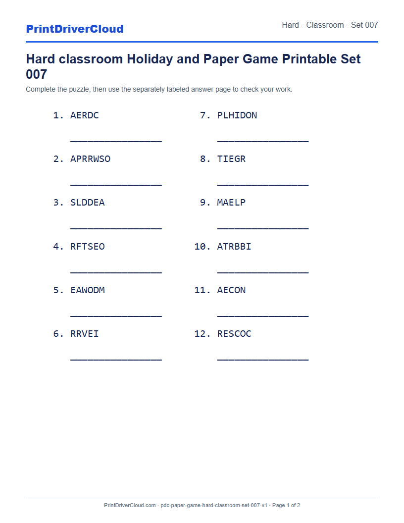 Preview of Hard classroom Holiday and Paper Game Printable Set 007