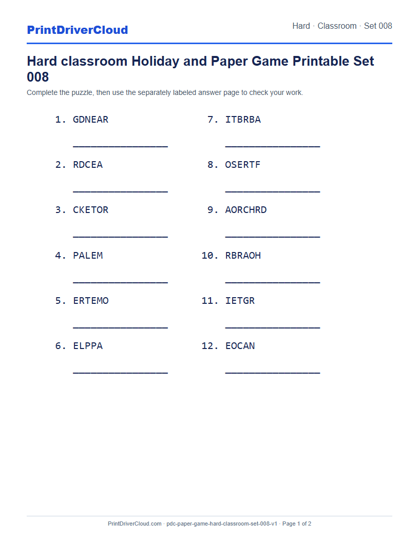 Preview of Hard classroom Holiday and Paper Game Printable Set 008