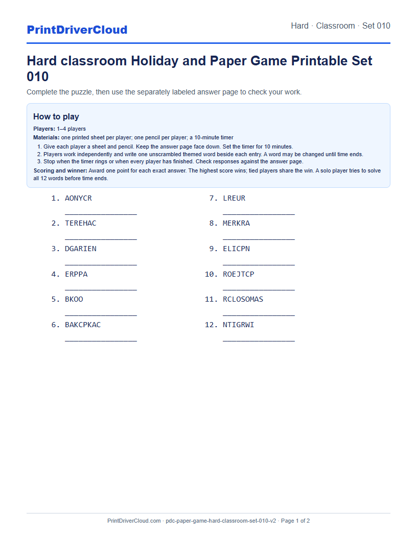 Hard Classroom Word Scramble Game Printable Set 010 preview
