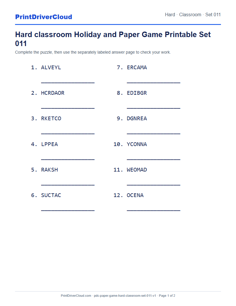 Preview of Hard classroom Holiday and Paper Game Printable Set 011