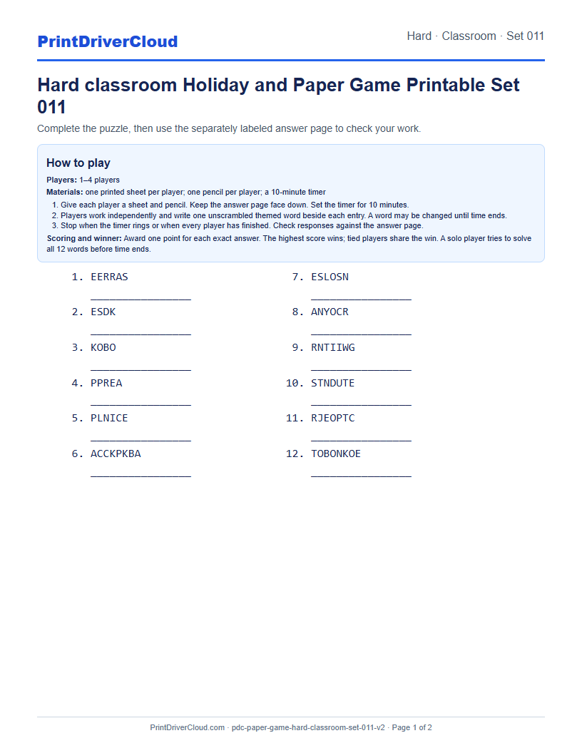 Hard Classroom Word Scramble Game Printable Set 011 preview