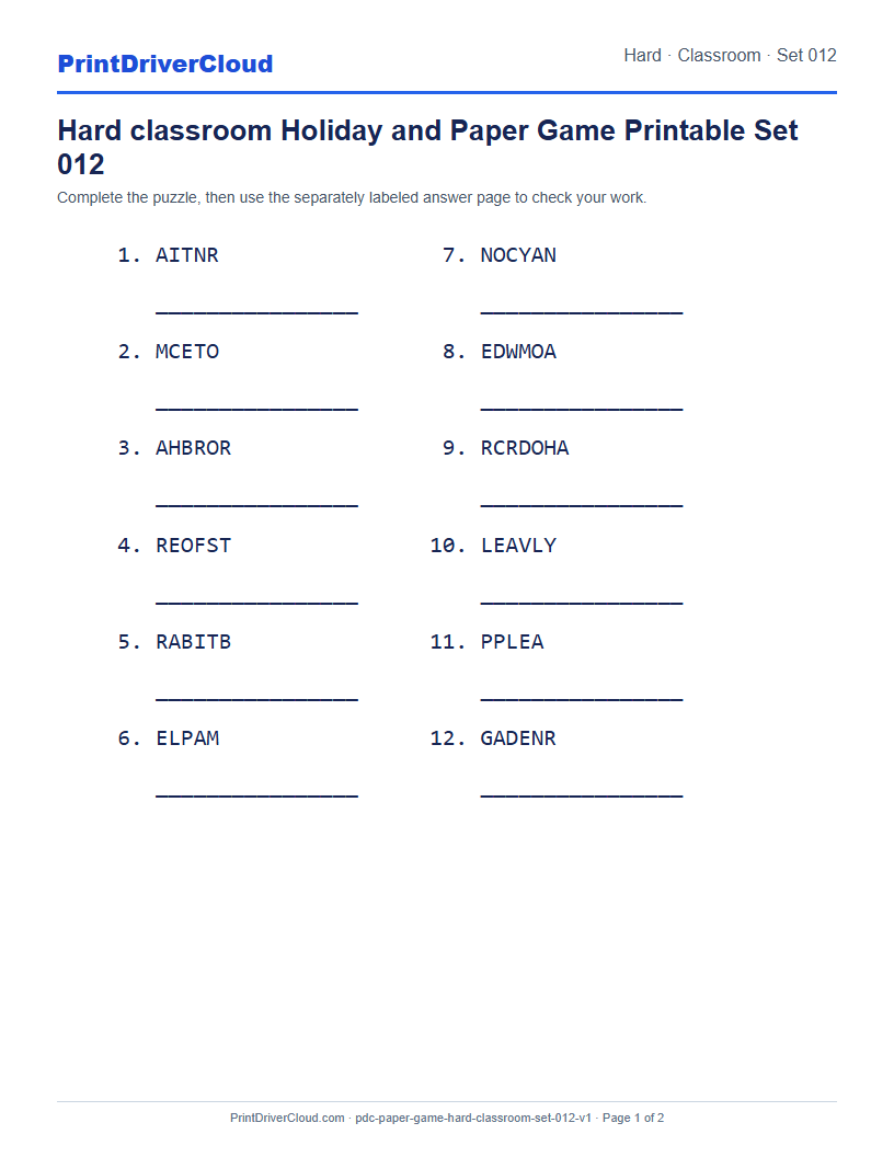Preview of Hard classroom Holiday and Paper Game Printable Set 012
