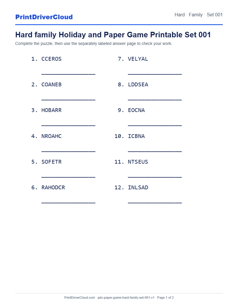 Preview of Hard family Holiday and Paper Game Printable Set 001