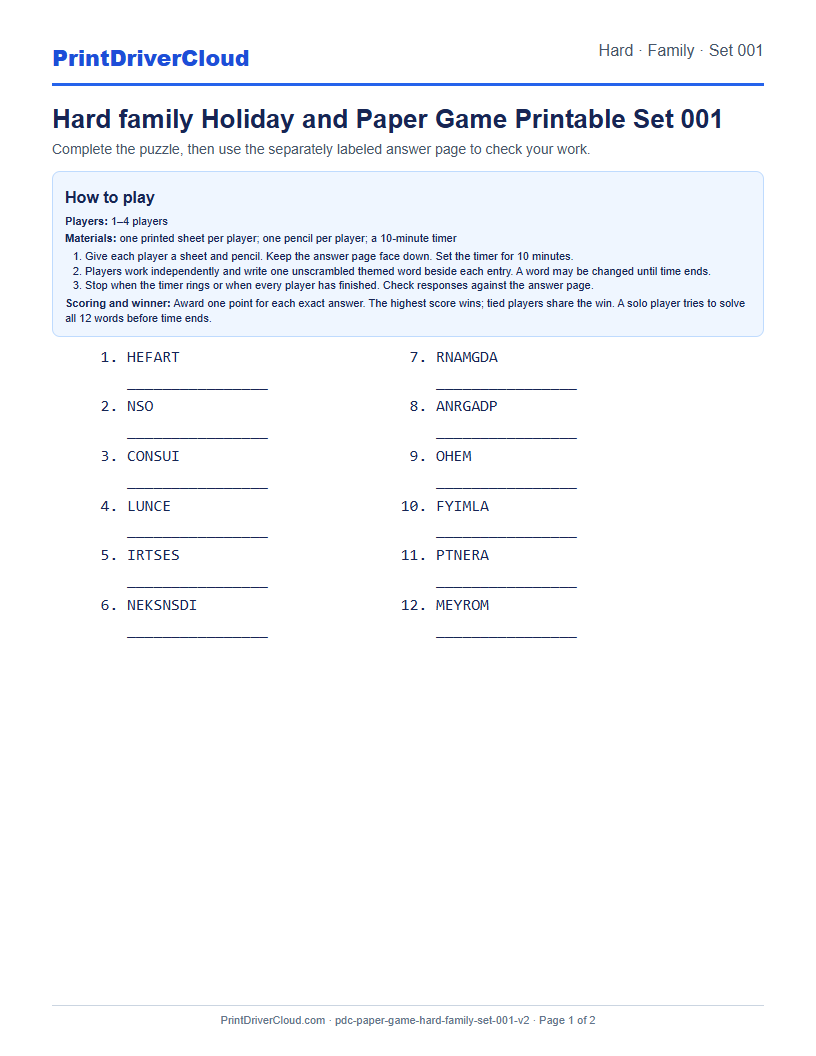 Hard Family Word Scramble Game Printable Set 001 preview