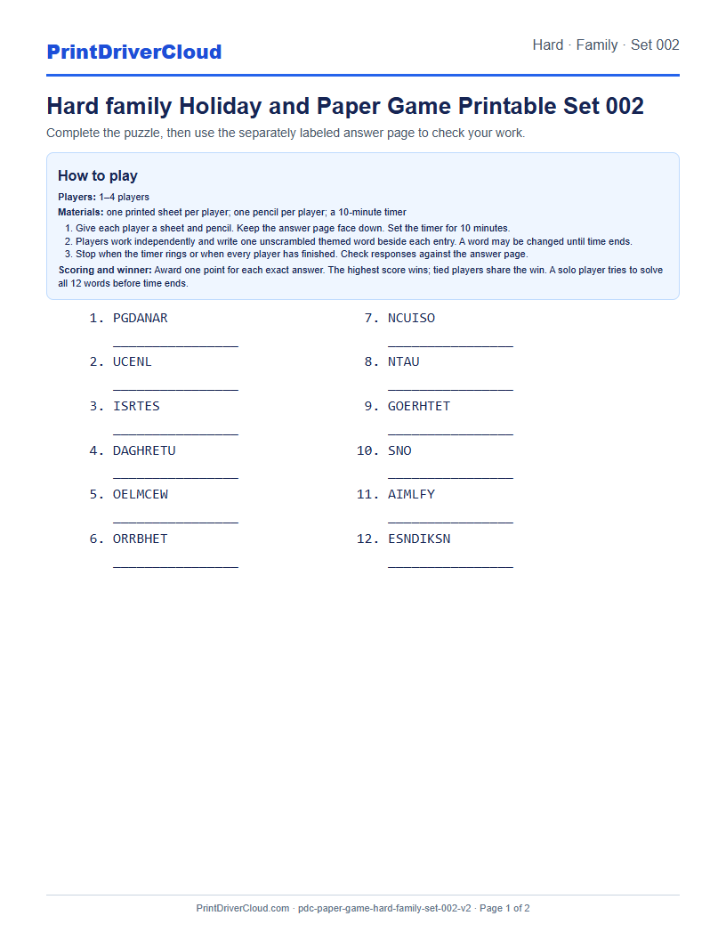 Hard Family Word Scramble Game Printable Set 002 preview