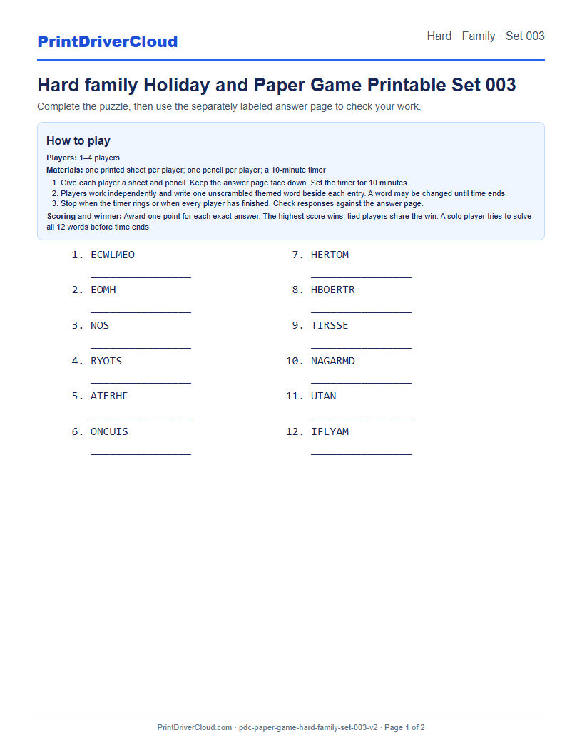 Hard Family Word Scramble Game Printable Set 003 preview