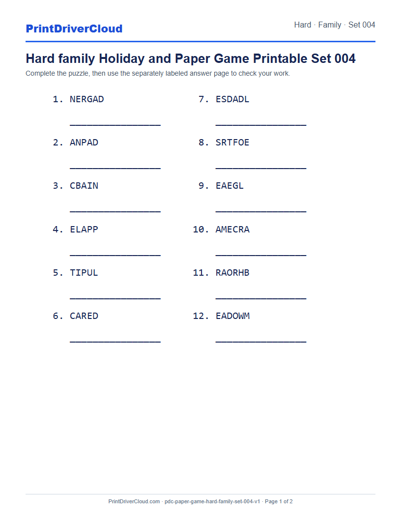 Preview of Hard family Holiday and Paper Game Printable Set 004