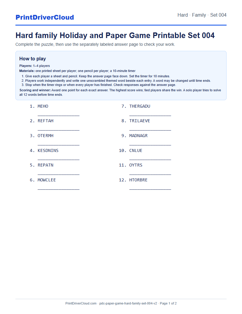 Hard Family Word Scramble Game Printable Set 004 preview