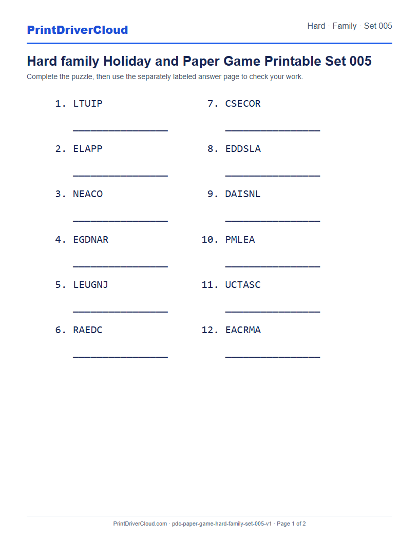 Preview of Hard family Holiday and Paper Game Printable Set 005