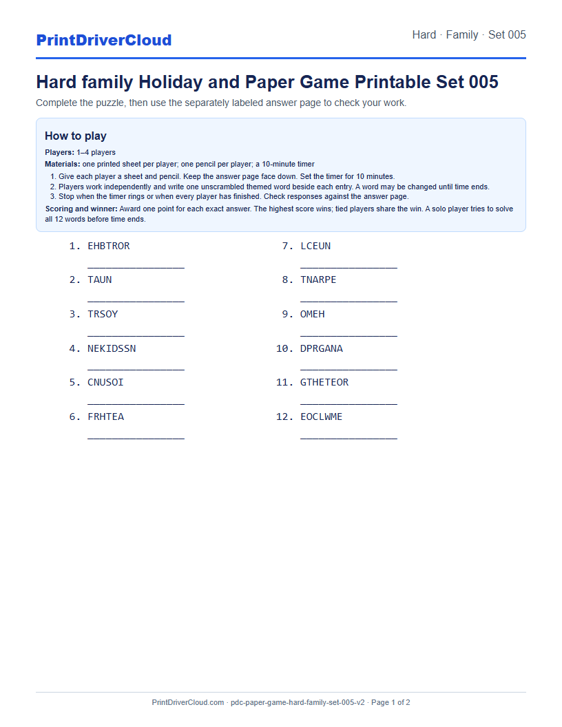 Hard Family Word Scramble Game Printable Set 005 preview