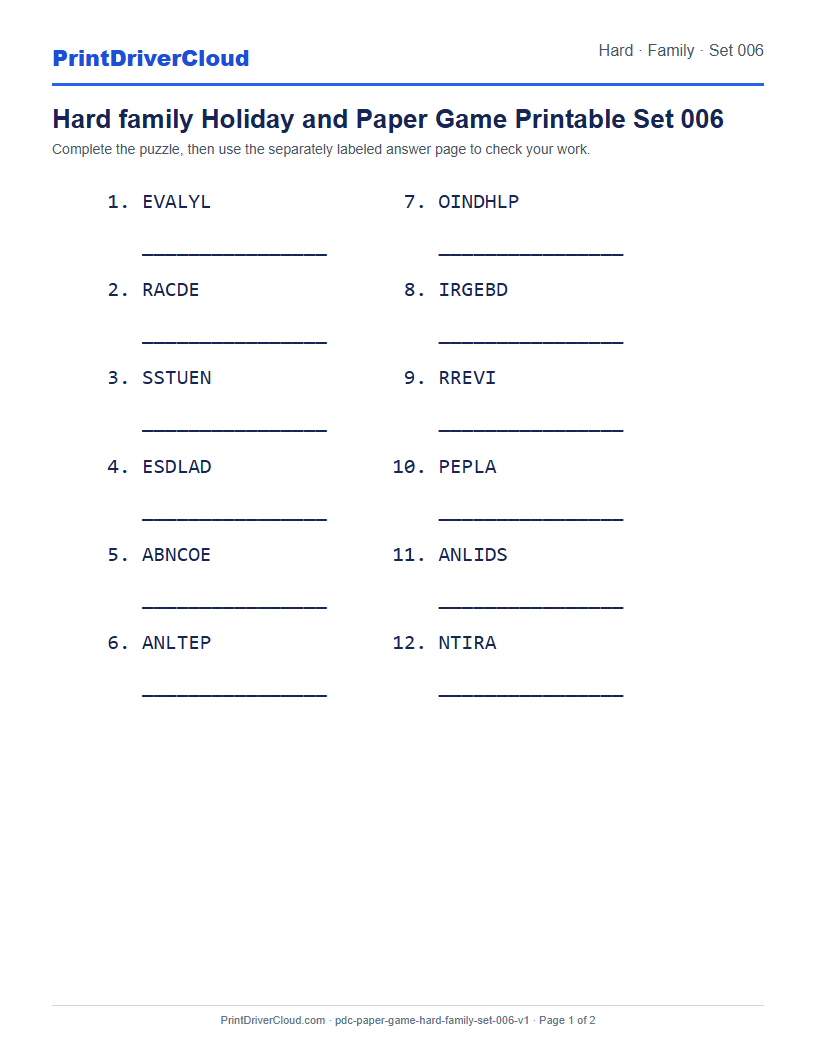 Preview of Hard family Holiday and Paper Game Printable Set 006