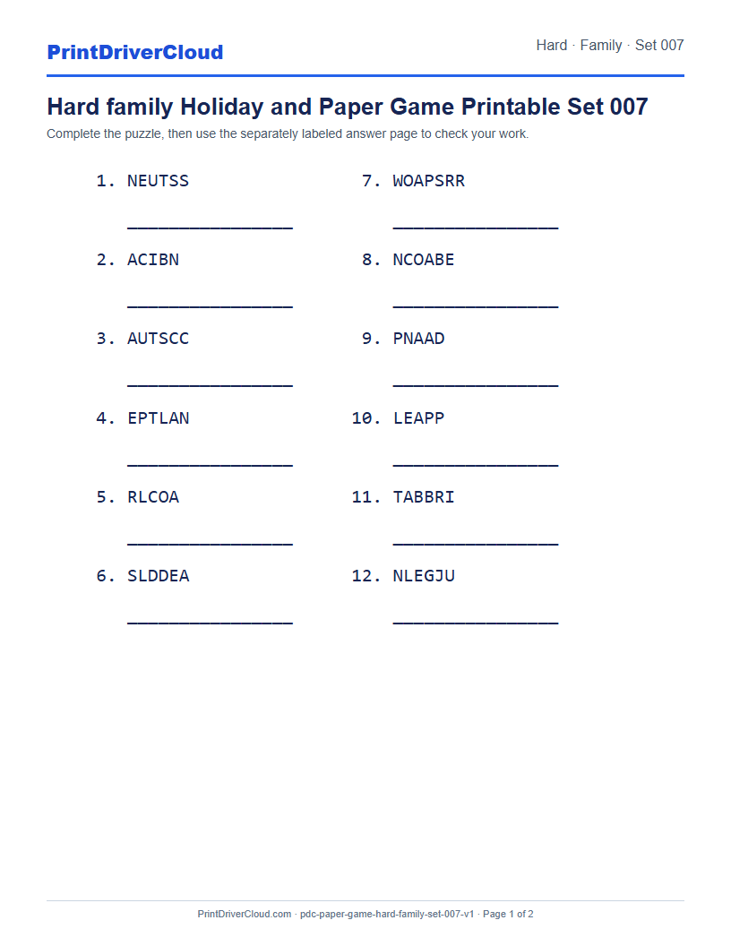 Preview of Hard family Holiday and Paper Game Printable Set 007