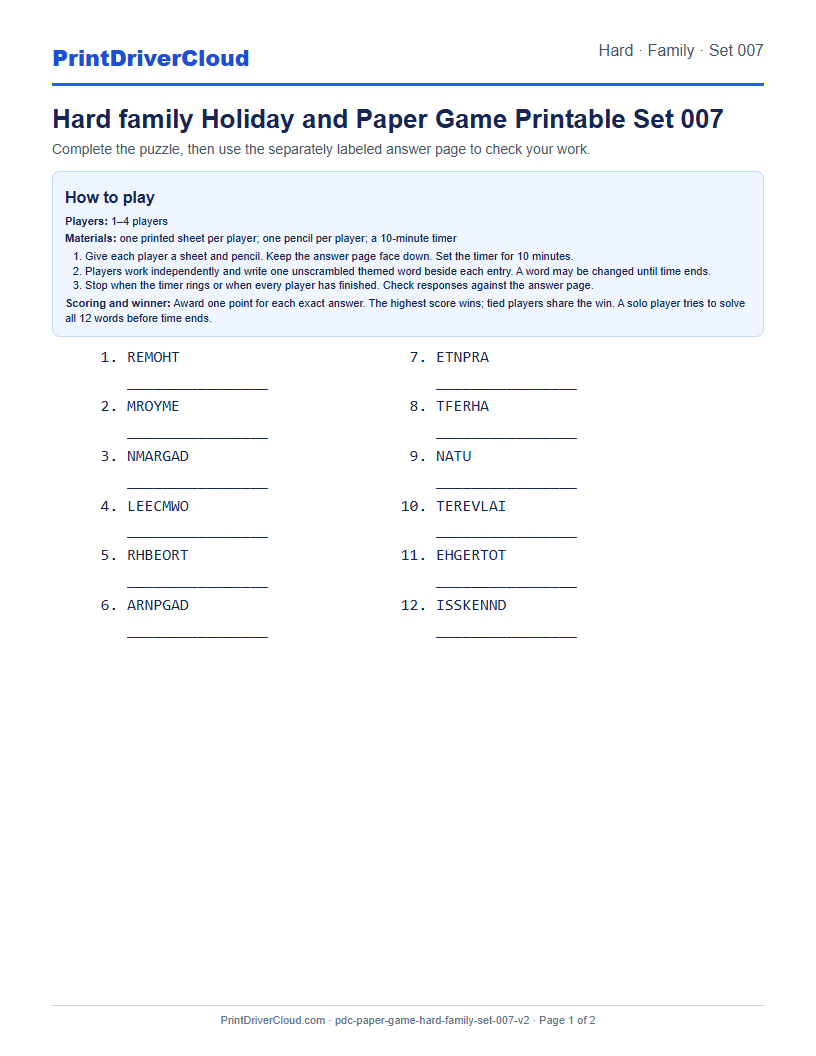Hard Family Word Scramble Game Printable Set 007 preview