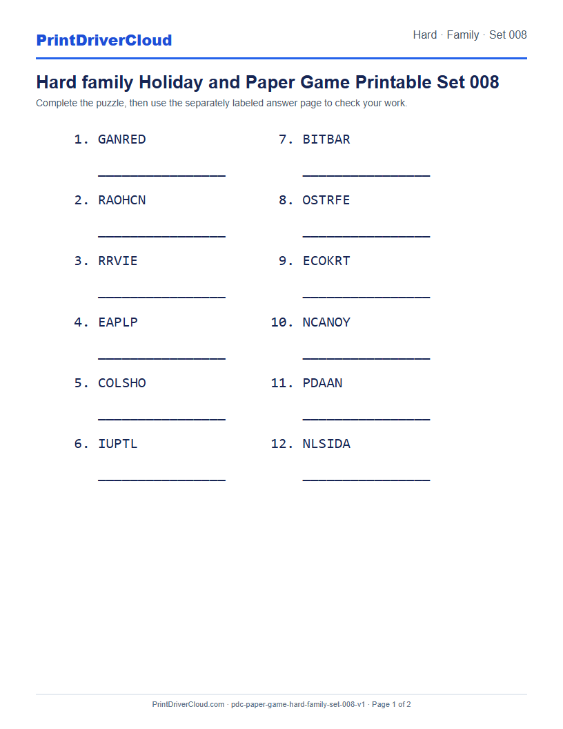 Preview of Hard family Holiday and Paper Game Printable Set 008