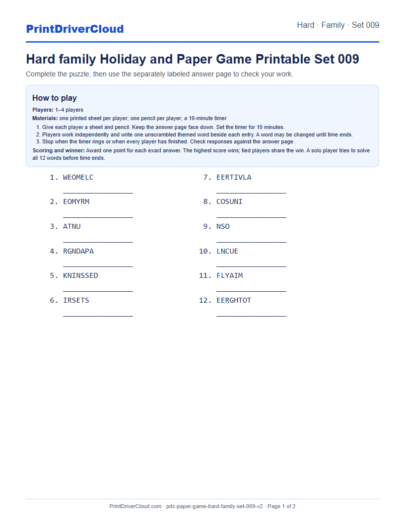 Hard Family Word Scramble Game Printable Set 009 preview