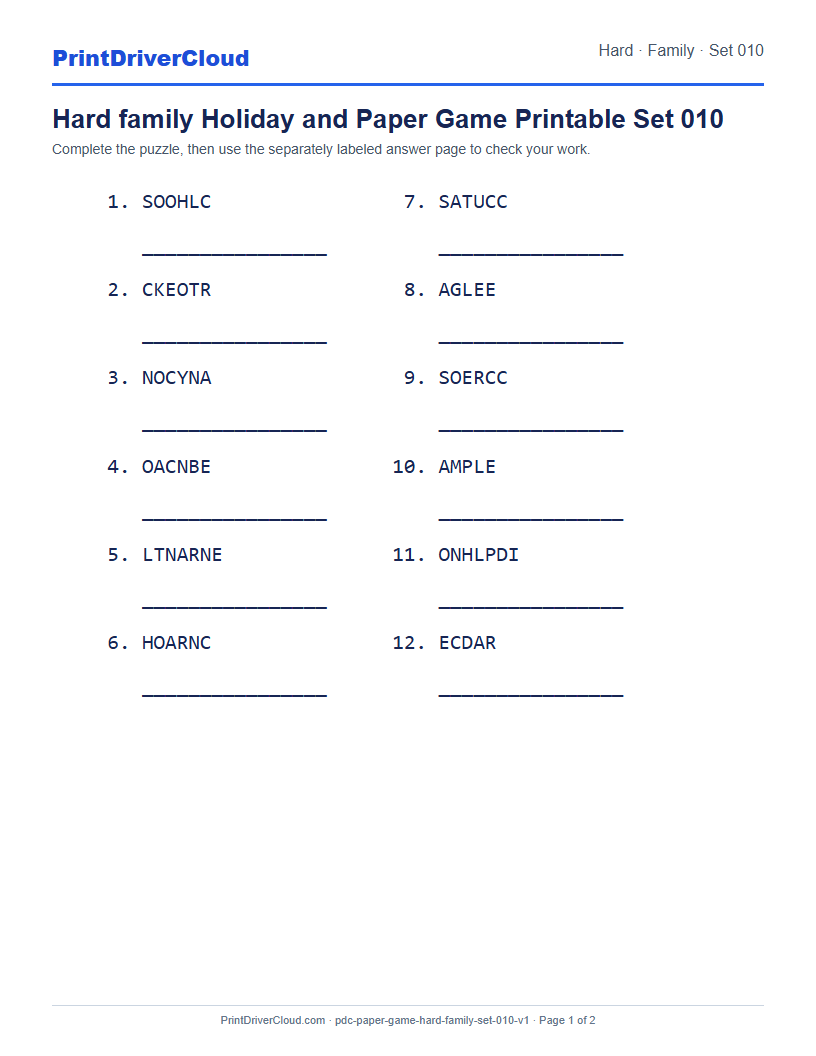 Preview of Hard family Holiday and Paper Game Printable Set 010
