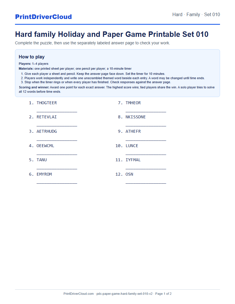 Hard Family Word Scramble Game Printable Set 010 preview