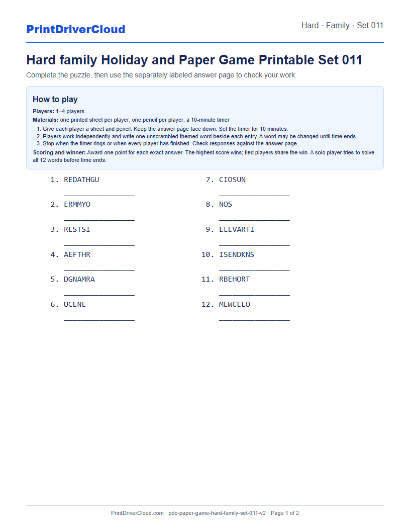 Hard Family Word Scramble Game Printable Set 011 preview