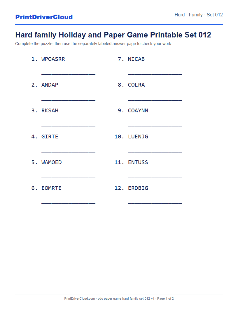 Preview of Hard family Holiday and Paper Game Printable Set 012