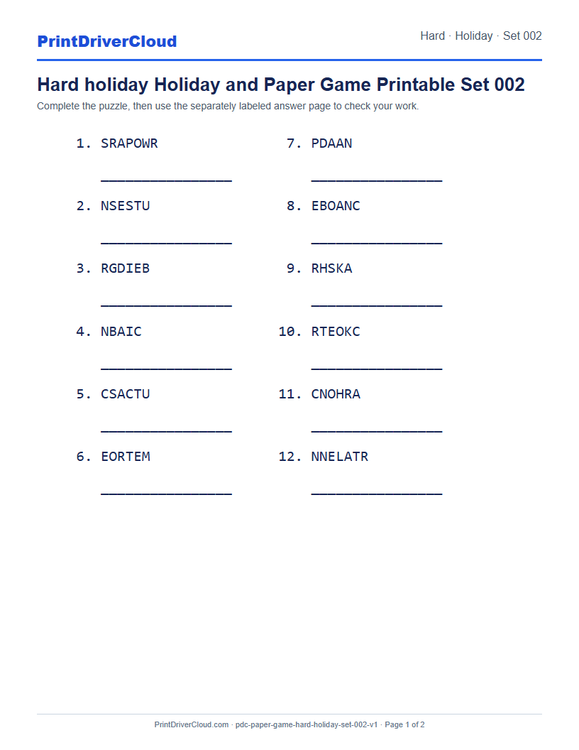 Preview of Hard holiday Holiday and Paper Game Printable Set 002
