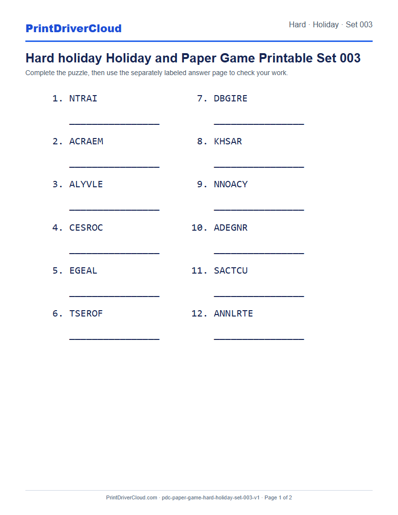 Preview of Hard holiday Holiday and Paper Game Printable Set 003