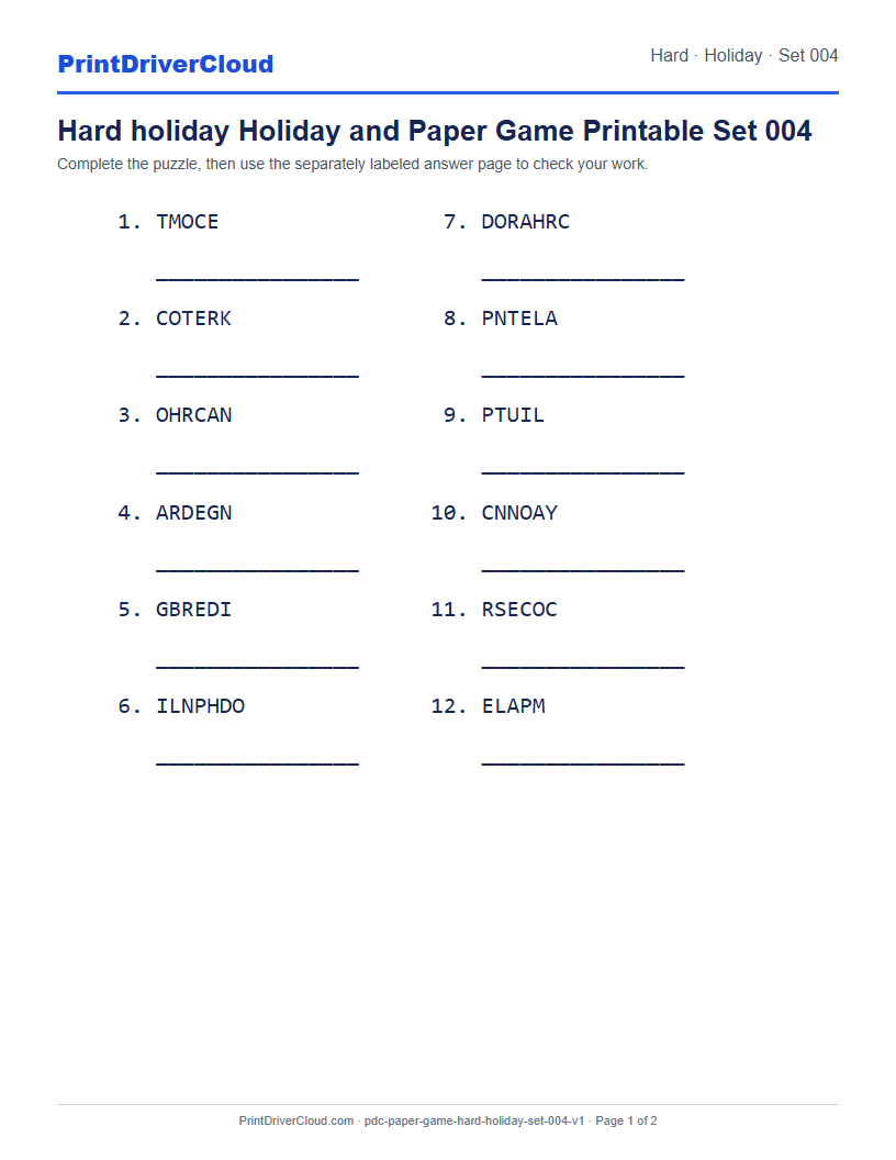 Preview of Hard holiday Holiday and Paper Game Printable Set 004