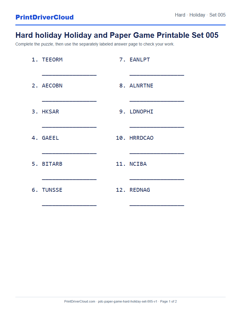 Preview of Hard holiday Holiday and Paper Game Printable Set 005