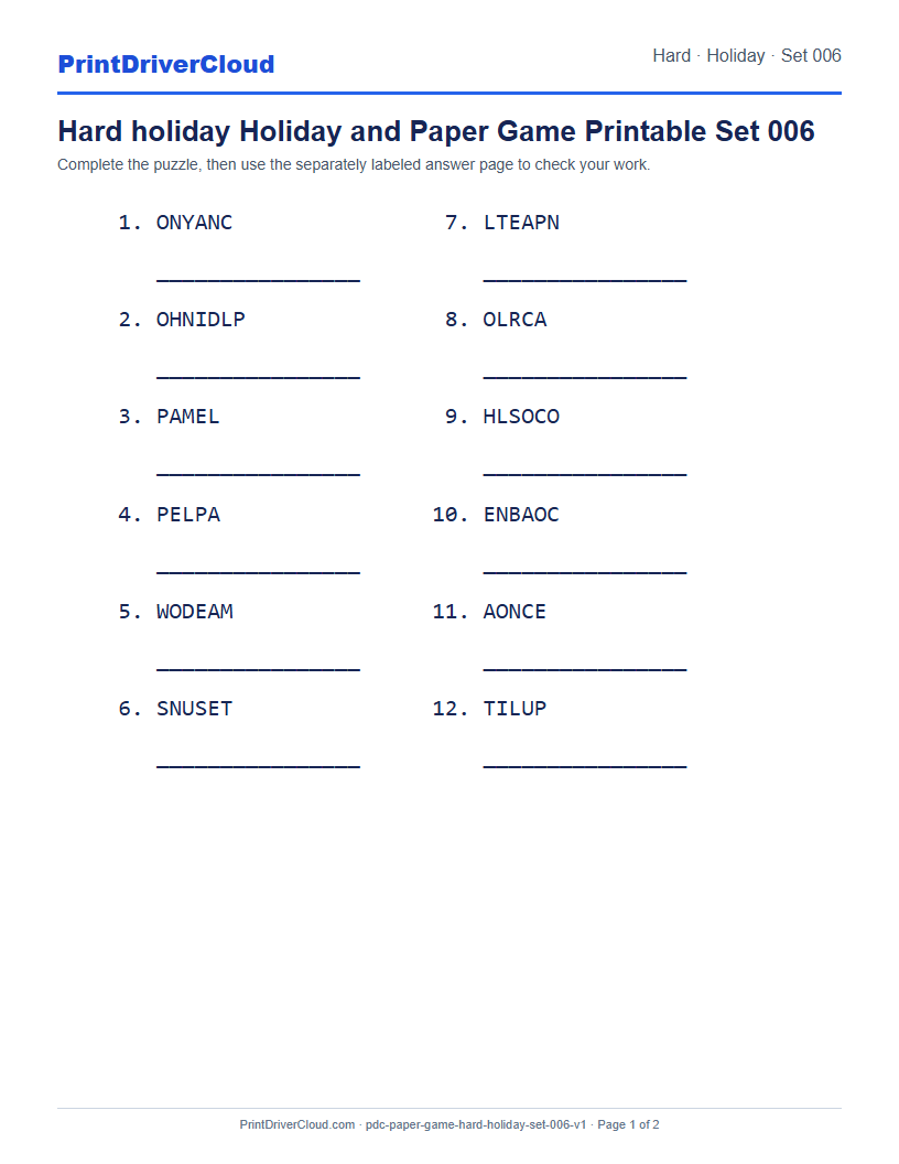 Preview of Hard holiday Holiday and Paper Game Printable Set 006
