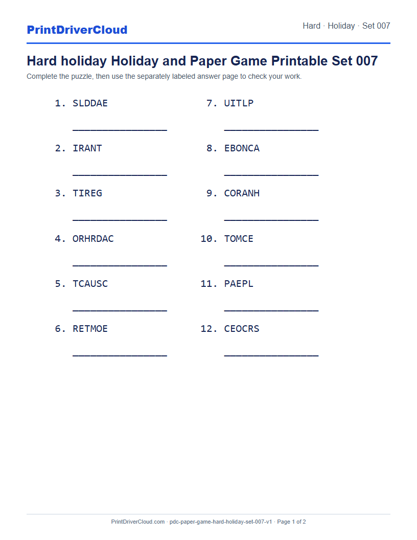 Preview of Hard holiday Holiday and Paper Game Printable Set 007