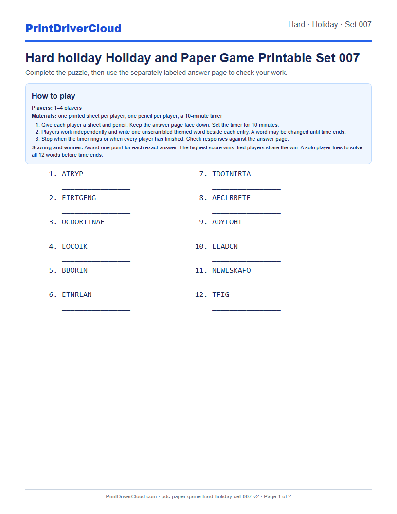 Hard Holiday Word Scramble Game Printable Set 007 preview