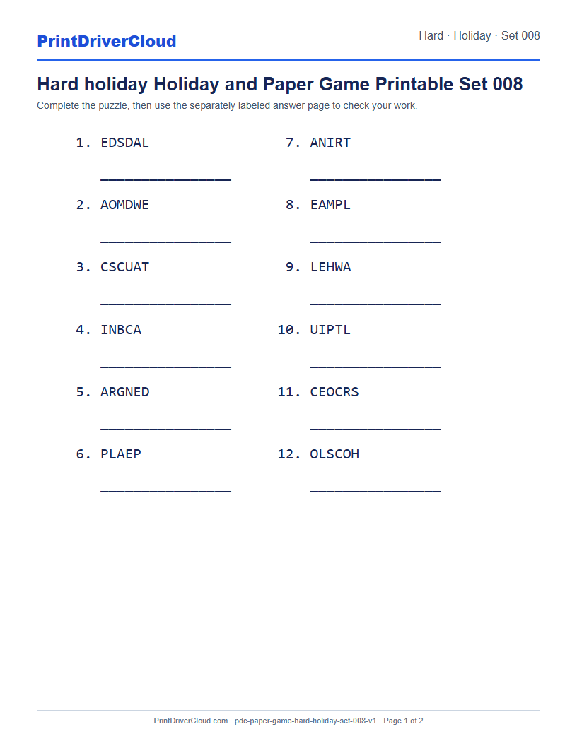 Preview of Hard holiday Holiday and Paper Game Printable Set 008
